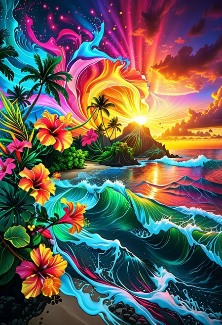 zavy-fltlnpnt, an island, a magical island setting in hawaii, made up of surreal imagery, colorful lights of a beautiful sunset swirl and streak across the sky creating fantastical imagery. Magical scenery blending the ideas of cool relaxing ocean waves and swaying green palm trees, beautiful hibiscus flowers blooming in all various colors leaving a soothing calm and colorful spectacle of wonder. Colorful light show, thick lines, line art, flat art, enhanced background, creative, beautiful, vibrant, masterpiece, 8k, Ultra HD, amazing details, amazing quality, amazing artist, sharp edges, detailed textures, full view, atmospheric lighting, amazing visuals