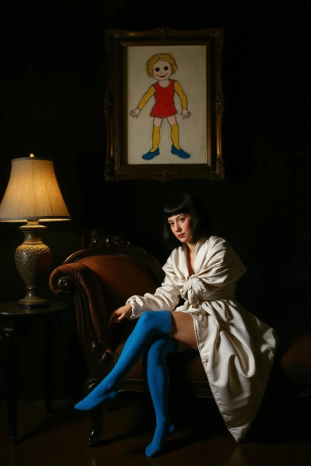 josephwright1 painting.
A woman seated on an antique, dark wooden chaise longue in a dimly lit room, illuminated by a single light source. . The woman has black, straight hair styled in a bob. She is dressed in a white, oversized coat with voluminous sleeves that are tied in a dramatic, asymmetrical knot. Her outfit is complemented by bright, vivid blue, knee-high socks. She is seated with her legs crossed. The background is a deep, dark black. To her left, there is a tall, ornate lamp with a beige, pleated shade. Above her, on the dark wall, hangs a classical painting--except, instead of a traditional scene, it is a crayon drawing, done by a child. The crayon drawing features a simple stick figure with a round head, straight lines for arms and legs, and a big smile. The drawing is childishly colorful, with bright red for the body, yellow for the hair, and blue for the shoes. The figure's eyes are represented by two large dots and the smile by a curved line <lora:josephwright1_cap_d6a3e12:1.0><lora:849161326918925723:0>