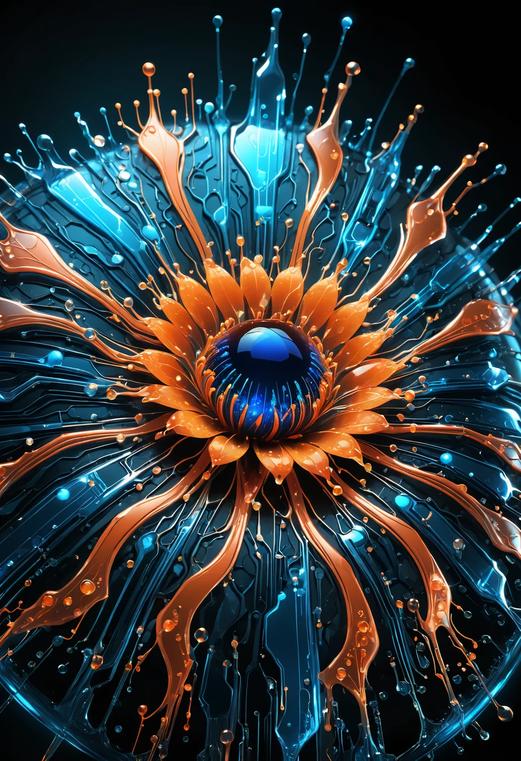 iccircuitart,orange and blue theme,macro photo, sparkling magical fantasy glass flower dewdrop, very detailed, amazing quality, intricate, cinematic light, highly detail, beautiful, surreal, dramatic, galaxy fantasy colors, <lora:iccircuitart:1>