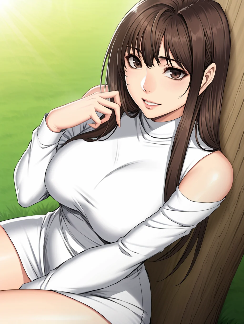 erika,long hair,brown hair ,brown eyes. curvy,large breasts,bangs, ,sexually suggestive, <lora:erikaPIXAI:1> , dutch angle, light smile, , , turtleneck sweater dress, off shoulder, backlighting, pulled by self, sunlight, (low twintails:1.2), park, sitting,black footwear, center opening, against tree,