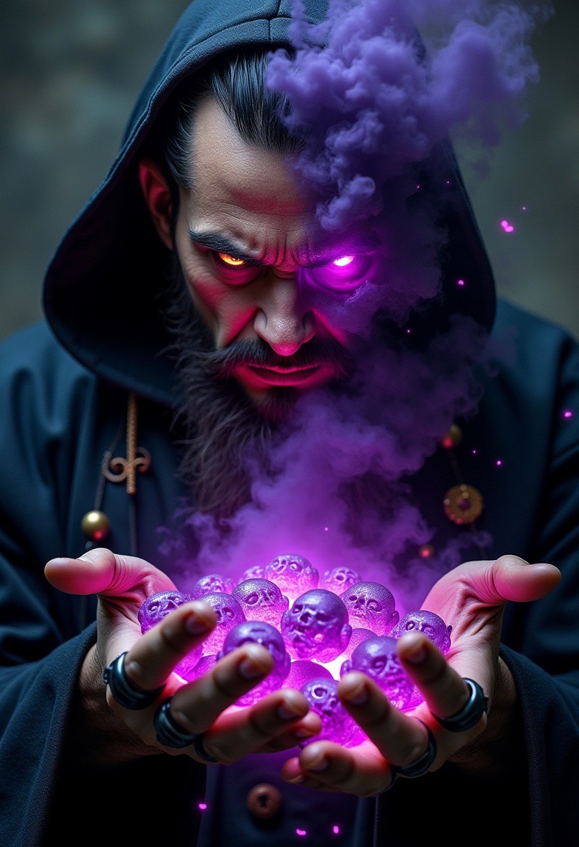 "Close-up portrait of a powerful, malevolent sorcerer. Half of his face is human, with sharp lines and piercing eyes glowing with malevolent light. The other half is a swirling mass of dark smoke and glowing purple energy. He holds a seething mass of glowing souls in his gnarled hands, adorned with blackened metal rings. The souls appear as ghostly faces, writhing in anguish and despair. His dark, regal robes are adorned with arcane symbols and glowing runes, pulsing in rhythm with the energy in his face. Dramatic, cinematic lighting casts sharp shadows and highlights, illuminating the chaotic dance of light and shadow around him. Small embers and energy particles drift around, hinting at his immense power."