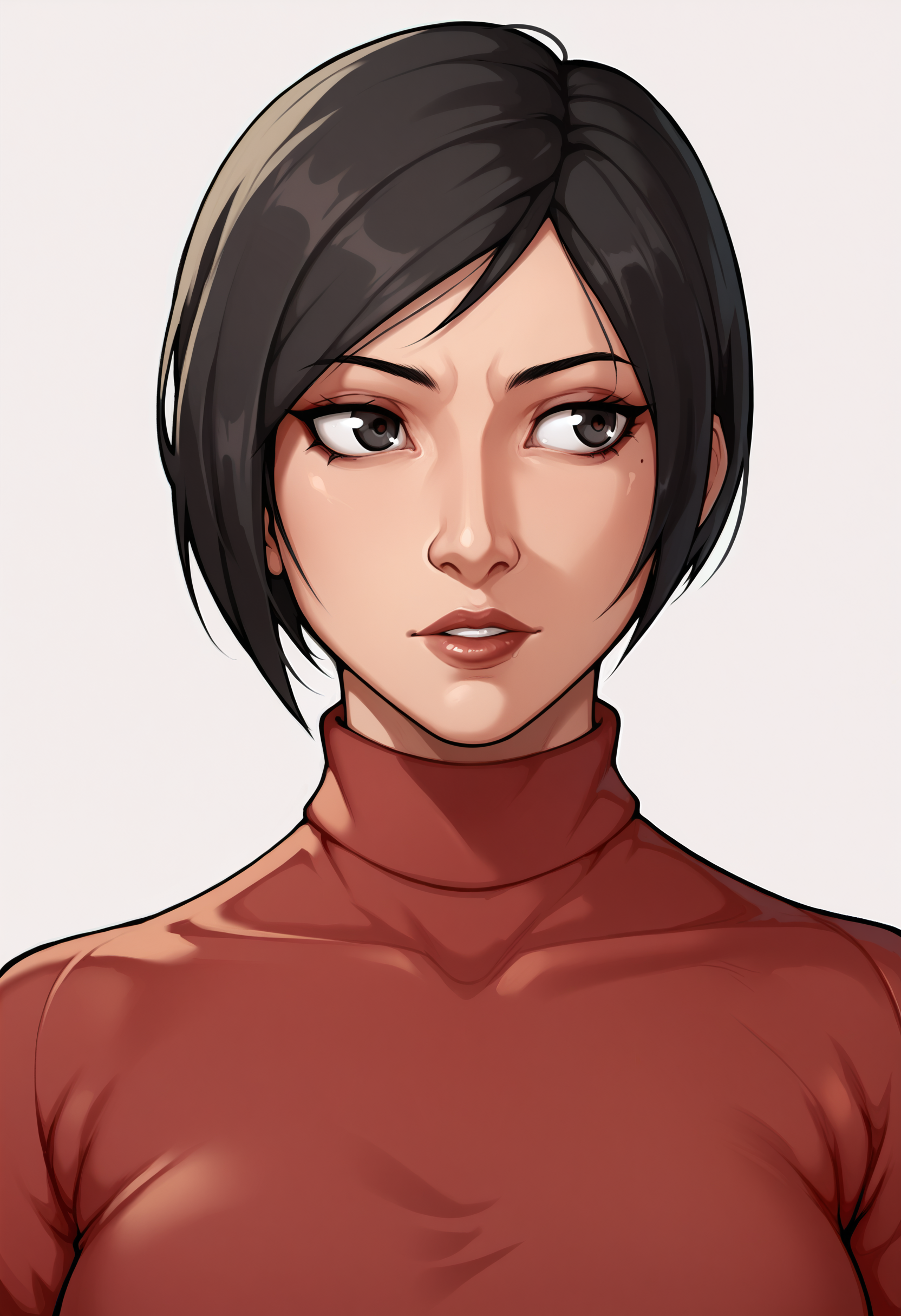 score_9, score_7_up, <lora:troglor-guy-PONY-DORAv1:1>, 1girl, solo, ada wong, red sweater, presenting, looking to the side, portrait