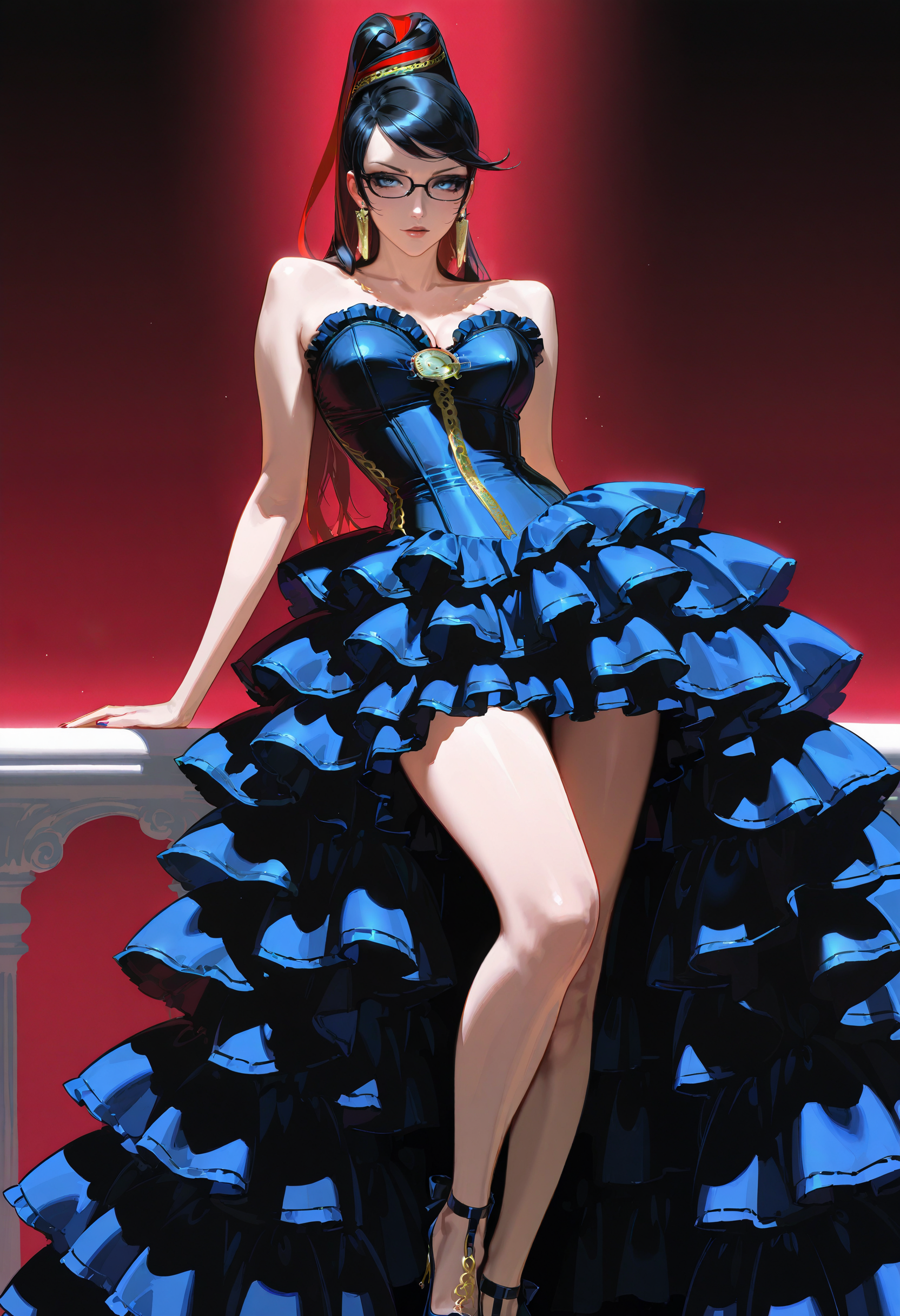 1girl, solo, high-low_dress, frilled dress, frills, strapless, bare shoulders, bayonetta