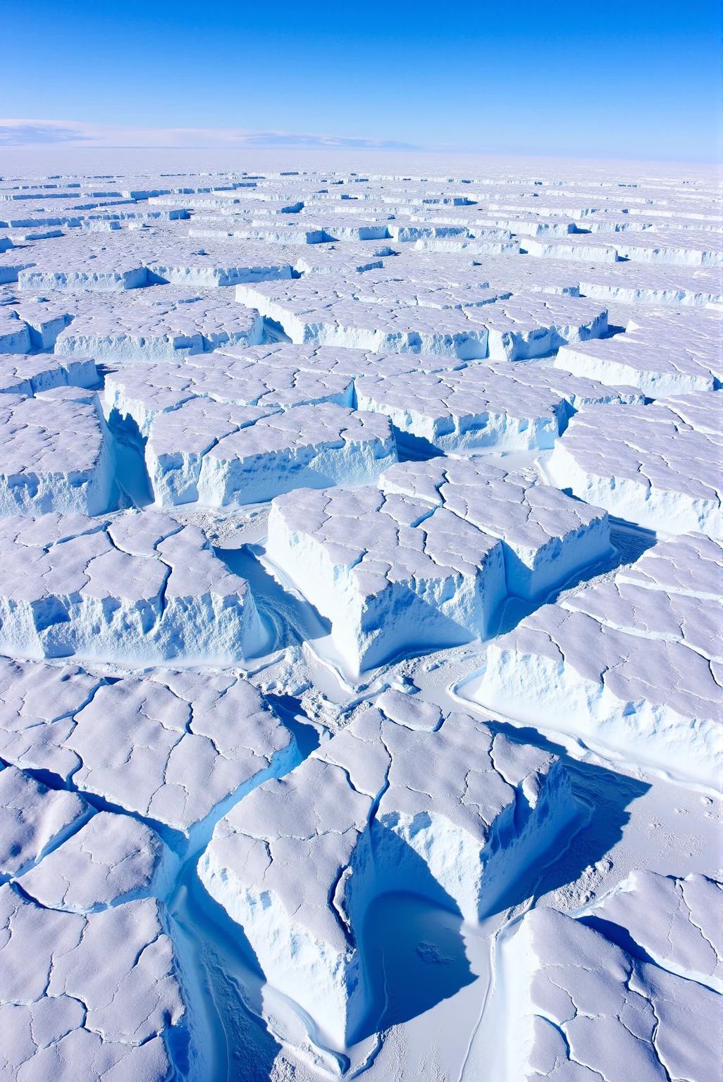 <lora:Ice_Desert_style:0.8> IceDesert style.
An immense landscape of chaotic, tessellated ice sheets fractures across the horizon, each slab resembling a giant, jagged puzzle piece displaced by pressure and time. Deep fissures split the surface into irregular planes, their vertical walls casting sharp blue shadows into crevasses that snake in unpredictable paths. The ice glows with pale cyan and arctic white, textured by wind patterns and crystalline crusts, each block resembling frozen tectonic plates locked in stasis. Captured from a mid-altitude aerial perspective with high contrast exposure, the scene evokes geometric abstraction through nature's raw design. The background fades into the blurred curvature of the Antarctic ice cap, while the foreground plunges into shadowed crevices, creating depth and tension. The sky remains crisp and flat, a brilliant blue ceiling to this vast, hostile architecture of frozen rupture and fractal geometry.