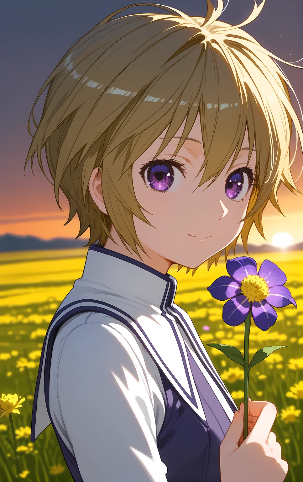 (score_9, score_8_up, score_7_up), looking at viewer, light smile, closed mouth, shiny skin, tight clothes,
ohwx, 1girl, solo, solo_focus, small_breasts, short_hair, purple_eyes, blonde_hair,
white_thighhighs, thighhighs, school_uniform, skirt, boots, zettai_ryouiki,
sunrise, field, (holding flower:1.5), blurry, upper body, close-up, cowboy shot, dutch angle,
<lora:kuno_pony_ss-000002:1>