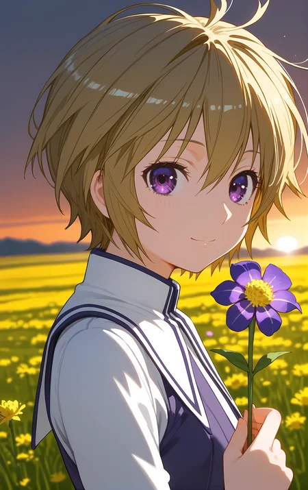 (score_9, score_8_up, score_7_up), looking at viewer, light smile, closed mouth, shiny skin, tight clothes,
ohwx, 1girl, solo, solo_focus, small_breasts, short_hair, purple_eyes, blonde_hair,
white_thighhighs, thighhighs, school_uniform, skirt, boots, zettai_ryouiki,
sunrise, field, (holding flower:1.5), blurry, upper body, close-up, cowboy shot, dutch angle,
<lora:kuno_pony_ss-000002:1>