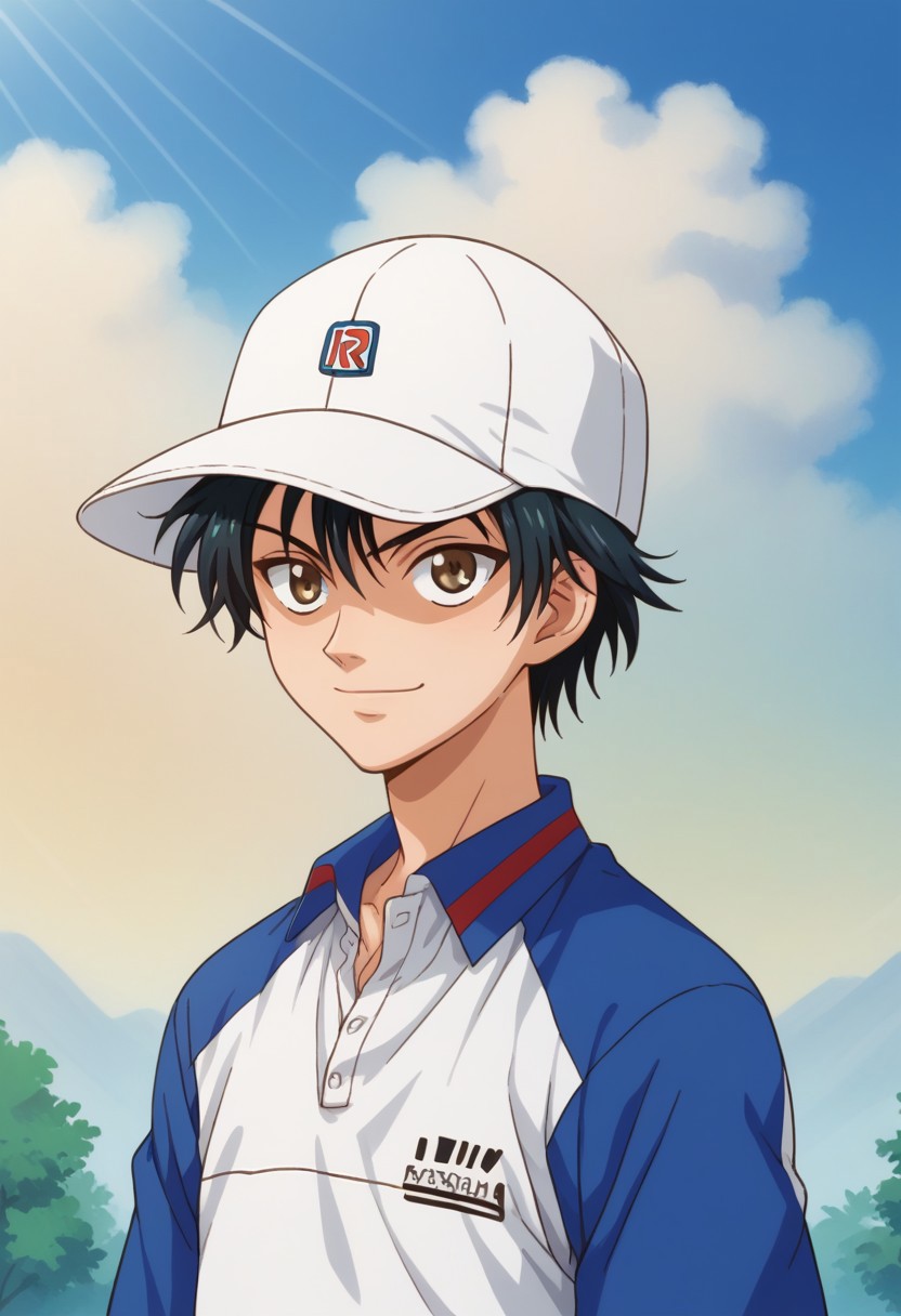 score_9, score_8_up, score_7_up, source_anime, highly detailed, 
echizen, 1boy, male focus, solo, black hair, short hair, hat, baseball cap, white headwear, brown eyes, sportwear, tennis uniform, shirt, white shirt, blue shirt, short sleeves, raglan sleeves, smile, determined
outdoor, sky, tree, cloud