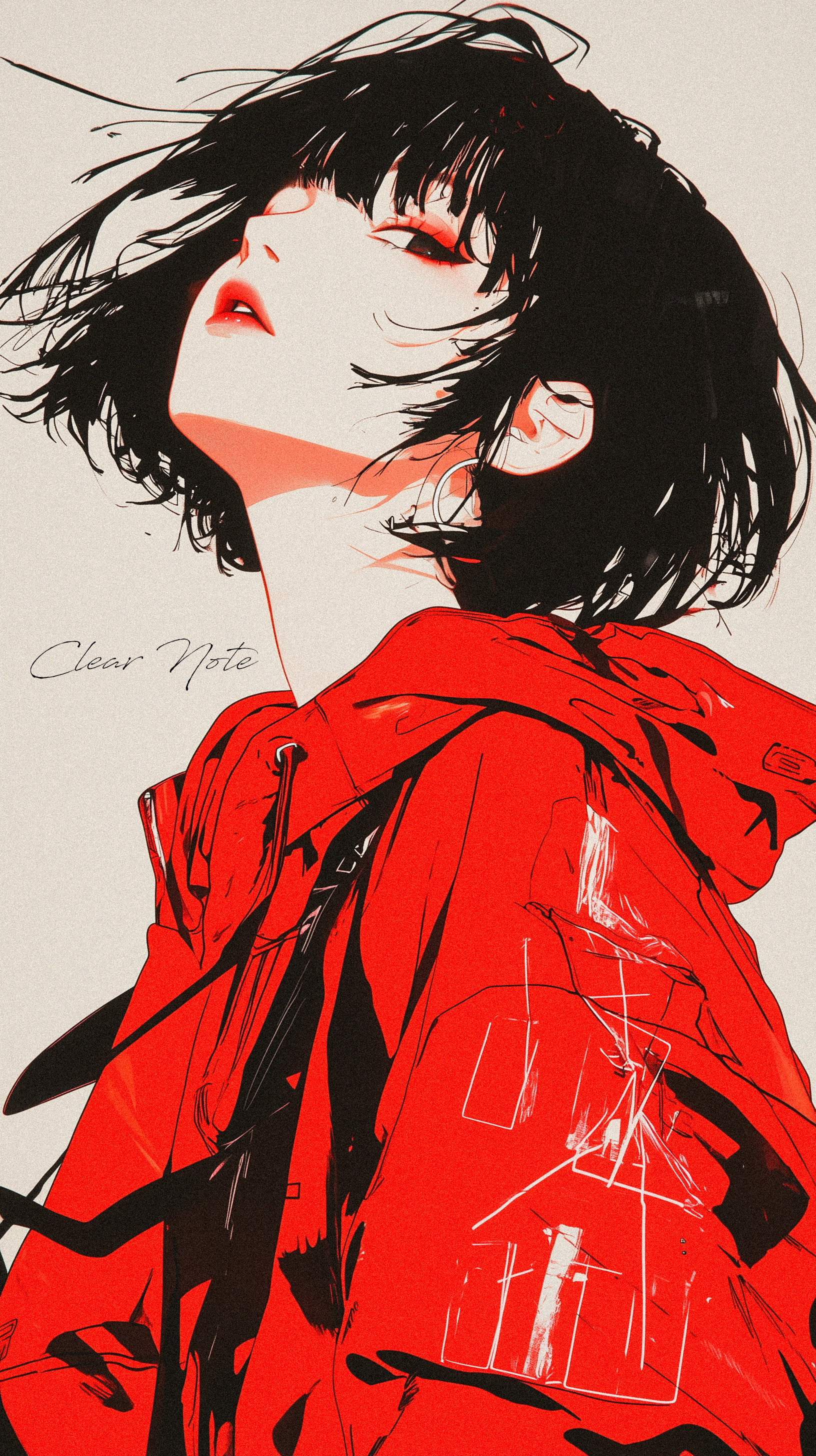 Japanese anime art style, retro 90s anime, Otomo Katsuhiro, modern clothing, bangs, short black hair, hair blown by the wind, cold expression, half-length portrait