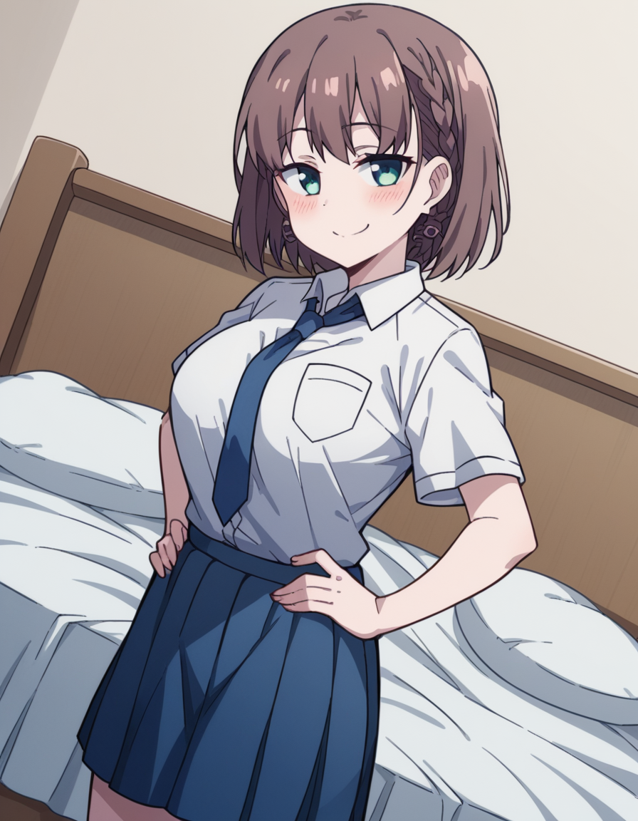 score_9, score_8_up, score_7_up, source_anime, <lora:tawawa-ai-s1-ponyxl-lora-nochekaiser:1>, ai, short hair, brown hair, green eyes, braid, side braid, large breasts,, skirt, shirt, jewelry, school uniform, white shirt, short sleeves, pleated skirt, earrings, necktie, collared shirt, blue skirt, blue necktie,, indoors, bed, bed room, on side, blush, drunk,, smile, looking at viewer, smug, hands on hips,, solo,, cowboy shot, dutch angle