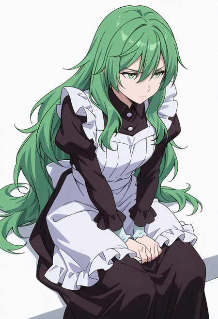 Smooth Quality,masterpiece,very intricate, high quality details, ultra realistic, high detailed skin,detailed enviorement,absurdres,
simple background, white background,solo,
sitting, legs spread, hands on knees, serious face, upright posture,  ,from above,exhausted,
 <lora:Misery_cnn:0.8> 1girl, green hair, green eyes, hair between eyes, frown, very long hair, sidelocks,dress, shirt,maid apron, puffy sleeves, long sleeves, juliet sleeves, enmaided,