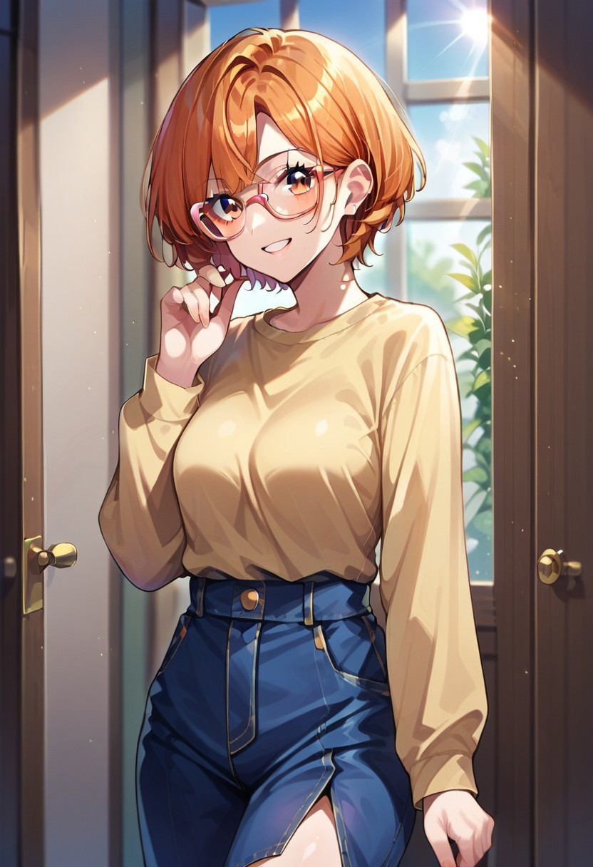 score_9, score_8, score_7, source_anime, matoba oreko, glasses, sunlight, hand up, grin, thighs, hair behind ear, long sleeves, open mouth, eyelashes, yellow shirt, door