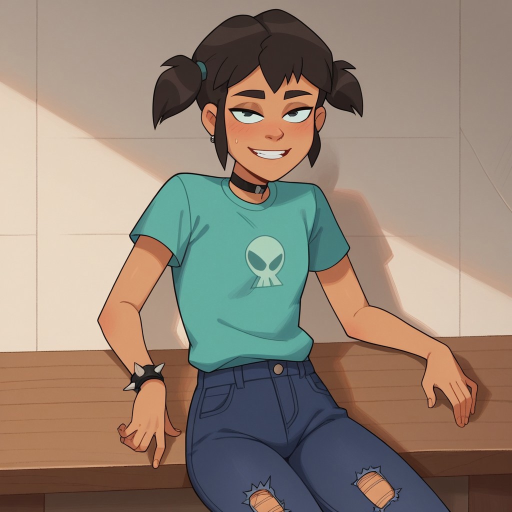 Expressiveh,zPDXL3,score_9_up, score_8_up, score_7_up, 1girl, solo,ota_artist,1girl ,solo,Dark-skinned female, Becker degona,torn pants, spiked bracelet, teal shirt,