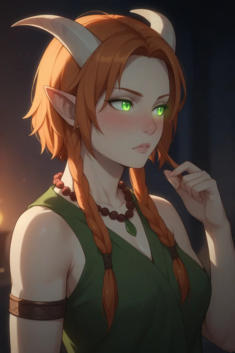 score_9, score_8_up, score_7_up, score_6_up, detailed drawing, 1girl, beautiful, tiefling druid, orange hair, short hair with long locks, small horns, war paint, tribal markings, grey skin, green eyes, glowing eyes, colored sclera, dynamic shot, upper body, raised eyebrow, confused, outdoors, colored skin, natural green robes, bead necklace, hand up, nose blush, looking away, <lora:add-detail-xl:.6>, <lora:RMSDXL_Enhance:.6>, <lora:EnvyDramaticLightingXL01_digital_art:.5>, <lora:Grimgar_Style:.6> grimfd
