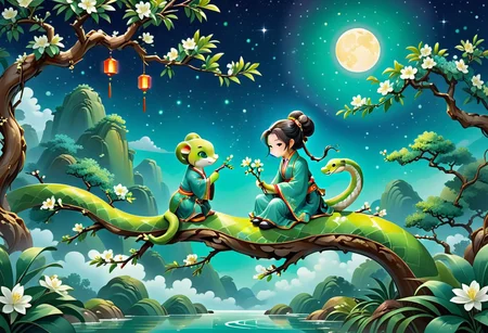 Sinoink, score_9, score_8_up, score_7_up, score_6_up, 1girl, chibi, anthro snake, sitting on flowery tree branch , made out of jade, fresh, refreshing iridiscent, night sky, magical orchard , bokeh,
