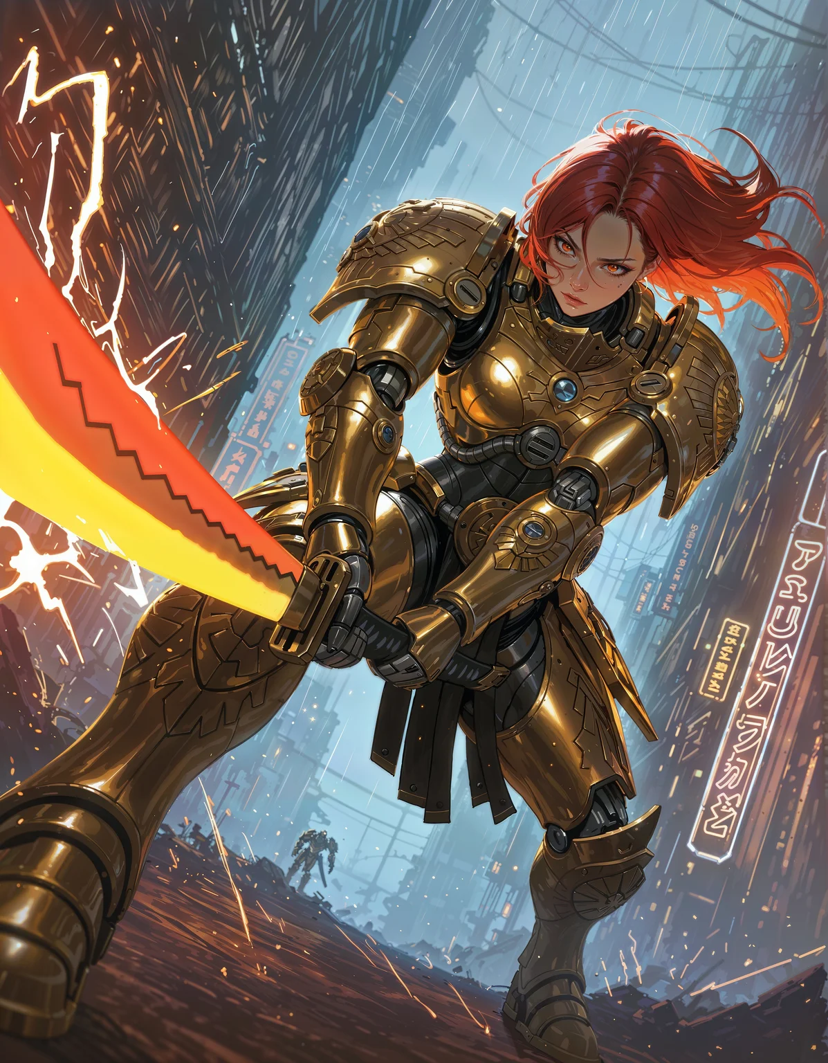 masterpiece, best quality,high quality, newest, highres,8K,HDR,absurdres, dynamic angle, realistic, 1girl, iLLCustodes40k, power armor, golden armor, red hair, katana, cybernetics, mechanical joints, neon lights, high-tech alien planet, rainy night, sci-fi armor, glowing circuits, combat stance, detailed background, depth of field, power pose, cybernetic enhancements, foreshortening, limited palette, dynamic pose, abstract composition, dramatic lighting, cinematic shot, energy sparks., detailed background, dynamic pose, dynamic composition,dutch angle, detailed backgroud,foreshortening,blurry edges <lora:iLLCustodes40k:1>