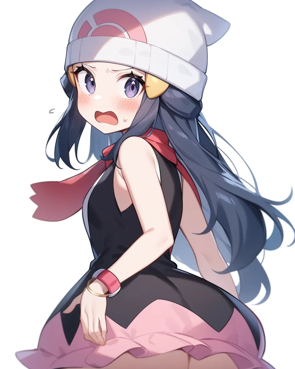 masterpiece,best quality,very aesthetic,absurdres,<lora:dawn_(pokemon)_v3:1>,beanie, highres, sidelocks, white_hat, commentary, looking_back, blush, simple_background, tongue, eyelashes, sweatdrop, 1girl, solo, hairclip, scarf, bracelet, white_background, looking_at_viewer, sleeveless_dress, two-tone_dress, open_mouth, dawn_\(pokemon\)