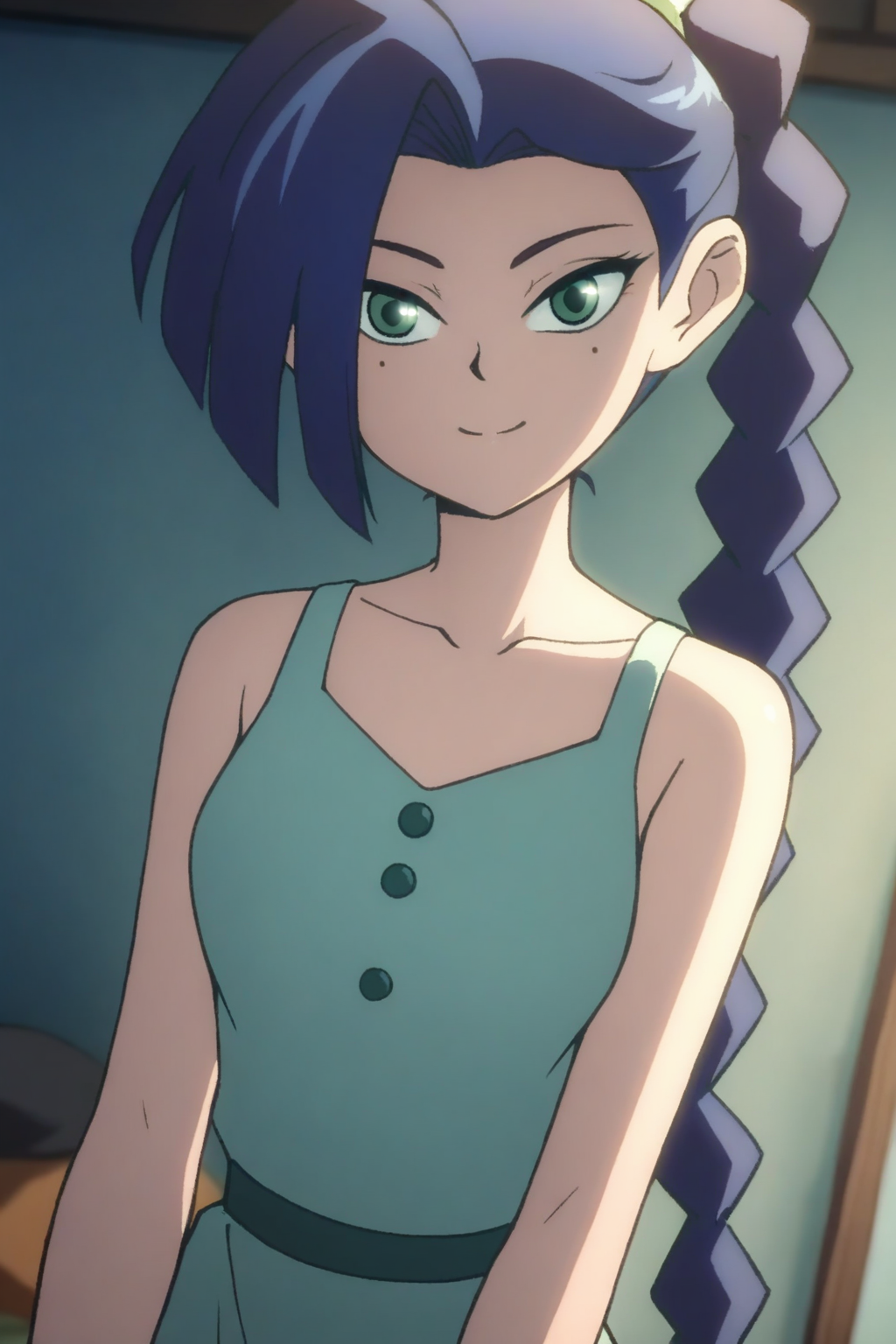 <lora:meihuashisan:1>,meihuashisan,1girl,solo,long hair,blue hair,mole,mole under eye,green eyes,
braid,dress,collarbone,single braid,
smile,looking at viewer,, masterpiece,best quality,amazing quality,absurdres, anime screenshot, lazypos ,