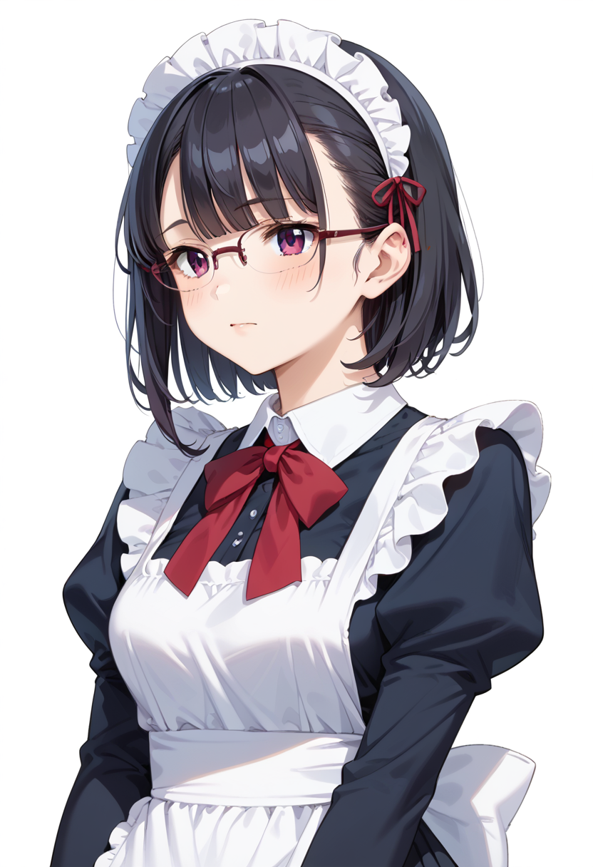 score_9, score_8_up, score_7_up, rating_safe, masterpiece, best quality, absurdres, unity 8k wallpaper, official art, official style, source_anime, uncensored, game cg, megami magazine,
1girl, solo, black hair, medium hair, upper body, covered eyes,maid, maid headdress, black dress, maid apron, face focus, 
halfrim15S, still life, white background, simple background, red-framed eyewear,
 <lora:glasses_halfrim15s_PONY_V1:1>