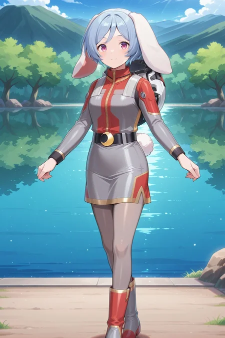 absurdres, highres, masterpiece, best quality, amazing quality, official anime artwork, screencap, anime screencap, outdoors, looking at viewer, light smile, dynamic pose,
<lora:Rei'sen_Illustrious:1> rei'sen, 1girl, solo, purple eyes, grey hair, blue hair, short hair, rabbit ears, floppy ears, rabbit tail,, reisen \(peacekeeper of the capital\), alternate costume, white helmet, unworn helmet, spacesuit, grey suit, long sleeves, gold trim, black belt, crescent, grey skirt, pencil skirt, grey pantyhose, multicolored boots, red boots, grey boots, 
day, lake,