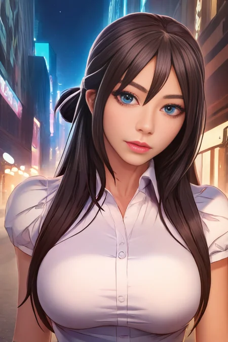 Li-Da JOO, score_9, score_8, score_7, source_anime, an image of LiDaJooDove woman, zPDXL2, 1woman, half updo, choppy bangs, white collared sleeveless blouse, black skirt, upper body, looking at viewer, city street, late at night, <lora:LiDaJooDove9:1>, long hair, perfect blue eyes