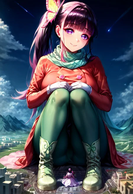 gorgeous lips, cinematic, (masterpiece), (best quality), (ultra-detailed), very aesthetic, perfect composition, intricate details, absurdres, detailed face, (anime, masterpiece, intricate:1.3), (best quality, hires textures, high detail:1.2), score_9, score_8_up, score_7_up, score_6_up, source_anime, 1girl, kanao tsuyuri, black hair, pink highlights, butterfly, butterfly hair ornament, purple eyes, very long hair, side ponytail, ponytail, eyelashes, hair ornament, scarf, dress, red dress, long sleeves, buttons, gloves, white gloves, belt, pantyhose, green pantyhose, boots, white footwear, skirt, flower patterns, alternate_costume, enormous breasts, facial expression, kind, soft eyes, head tilt, slightly smiling, closed mouth, goddess, planet size, giantess, giant, size difference, growing even bigger, sitting on the ground, ruanyi0639,hugging own legs, hugging knees, floating object, gradient eyes, beautiful detailed eyes, city, in the city, night sky, solo, holding planet, (masterpiece:1.4), (best quality:1.4), (ultra-detailed:1.2), gl0w, glow,