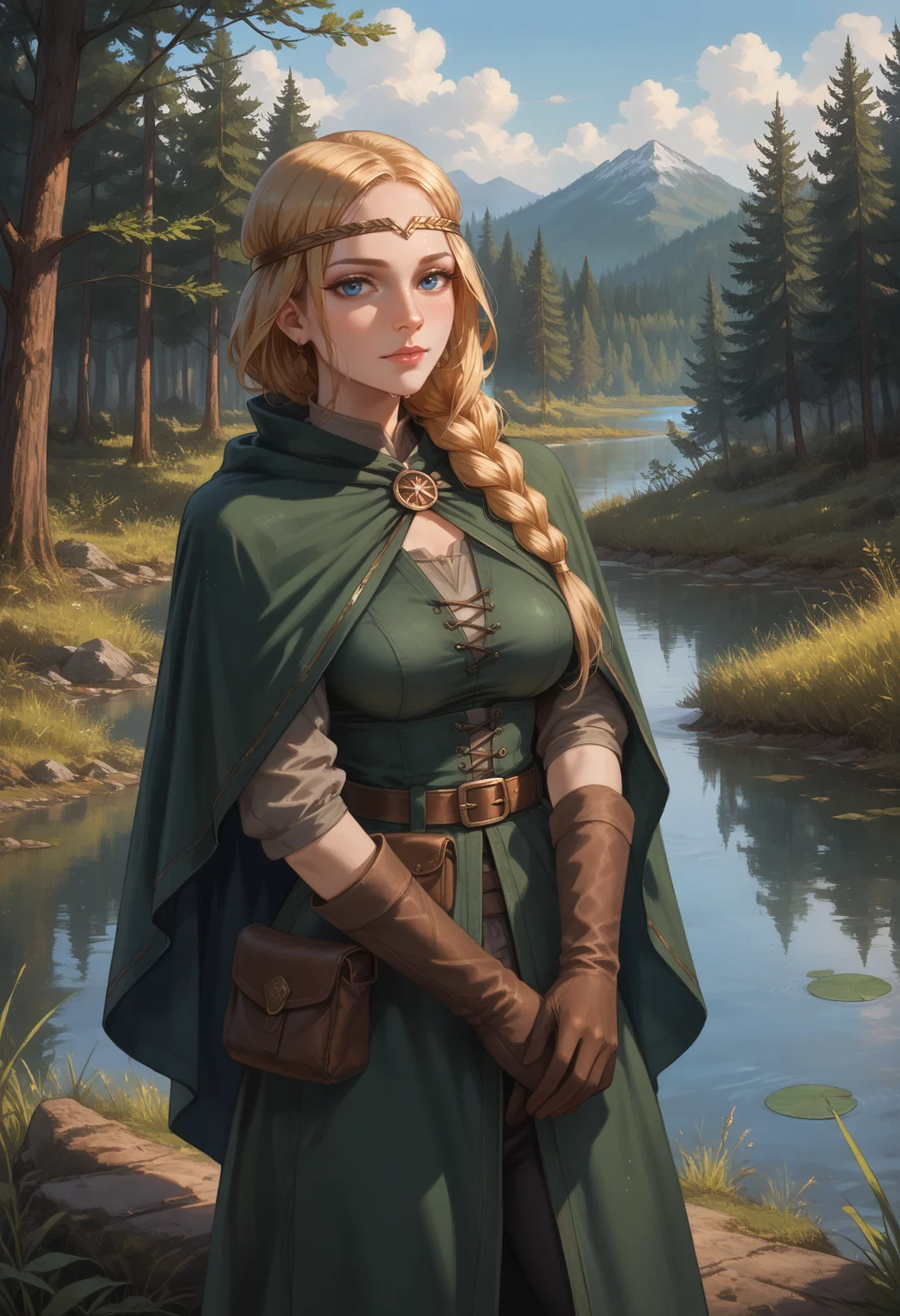 score_9, score_8_up, score_7_up, score_6_up, detailed drawing, <lora:nm_milva:1>, <lora:PerfectEyesXL:1>,<lora:add-detail-xl:2>, <lora:StS_PonyXL_Detail_Slider_v1.4_iteration_3:4>,ExpressiveH,BREAK nm_milva, 1girl, solo, blonde hair, long hair, single braid, blue eyes, large breasts, braid,jewelry, earrings, headband, tunic, circlet, pouch, gloves, belt, capelet, boots, quiver, realistic, resting by the lake, outdoors, forest, forest lake, looking at viewer, swimming in lake, wet, wet clothes,