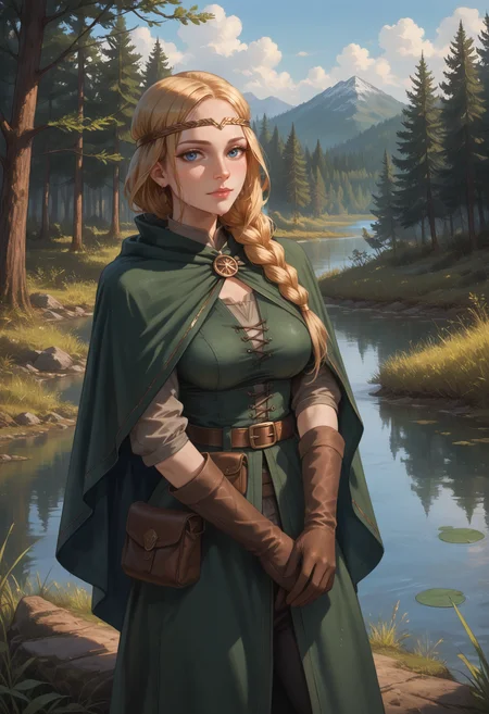 score_9, score_8_up, score_7_up, score_6_up, detailed drawing, <lora:nm_milva:1>, <lora:PerfectEyesXL:1>,<lora:add-detail-xl:2>, <lora:StS_PonyXL_Detail_Slider_v1.4_iteration_3:4>,ExpressiveH,BREAK nm_milva, 1girl, solo, blonde hair, long hair, single braid, blue eyes, large breasts, braid,jewelry, earrings, headband, tunic, circlet, pouch, gloves, belt, capelet, boots, quiver, realistic, resting by the lake, outdoors, forest, forest lake, looking at viewer, swimming in lake, wet, wet clothes,
