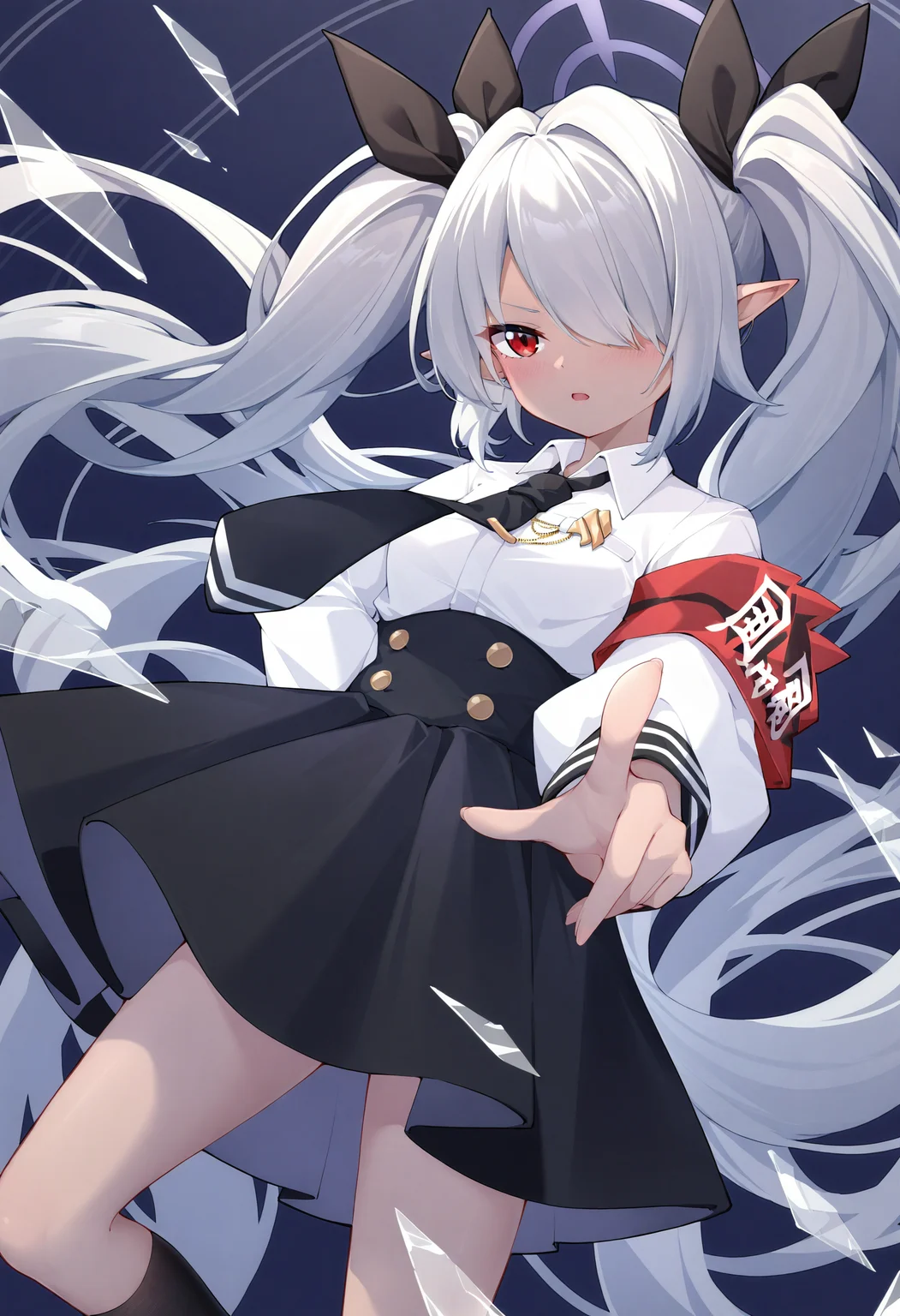 1girl, iori \(blue archive\), solo, red eyes, necktie, black necktie, skirt, hair over one eye, pointy ears, twintails, shirt, grey hair, black skirt, white shirt, halo, armband, pointing at viewer, long hair, looking at viewer, collared shirt, long sleeves, socks, black socks, hair ribbon, red armband, ribbon, dark-skinned female, dark skin, pointing, kneehighs, black ribbon, broken glass, glass shards, pleated skirt, very long hair, open mouth, purple halo, parted lips, grey halo, one eye covered, small breasts, breasts,
masterpiece,best quality,newest,absurdres,highres,very awa,<lora:akovo1_noob1.1-000196:0.7>,(akovo:0.4),