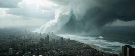 A highly detailed and dramatic rare photo shot of a ((Tsunami) ) with a zoomed out city background, ((Massive gigantic) ) tsunami, impending doom, city destruction, raining, clouds, 8k sharp focus, micro unreal engine 5 effects, photorealistic fantasy