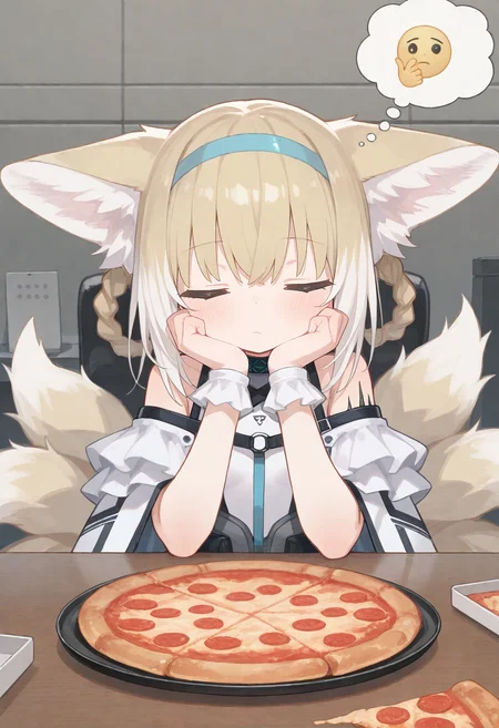 1girl, suzuran (arknights), pizza, ..., thinking, thinking emoji, hands on own chin,
(zankuro:0.2), wagashi \(dagashiya\), chen bin, very awa, very aesthetic, masterpiece, best quality, amazing quality, absurdres <lora:ponyv6_noobV1_2_adamW:0.5> <lora:n_XLNBVP1lokrV6311P:0.2> <lora:748cmXLNBVP1lokrV6311PZ:0.2> <lora:ricotte2:0.2>