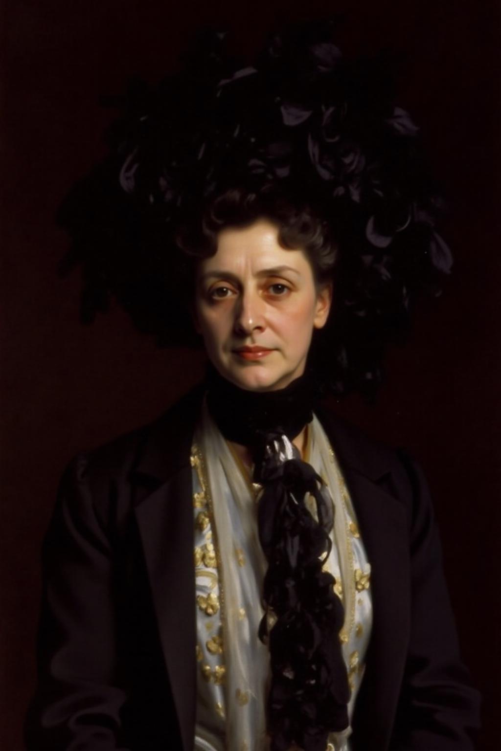 johnss1 painting.
A woman in a black and white dress, adorned with a large black hat on her head. The woman's face is adorned with dark brown eyes, a white scarf, and a black scarf around her neck, adding a touch of contrast to her outfit. The background is a dark brown, creating a stark contrast to the woman's outfit. <lora:johnss2_cap_d6a3:1.0><lora:829185454441125487:0>