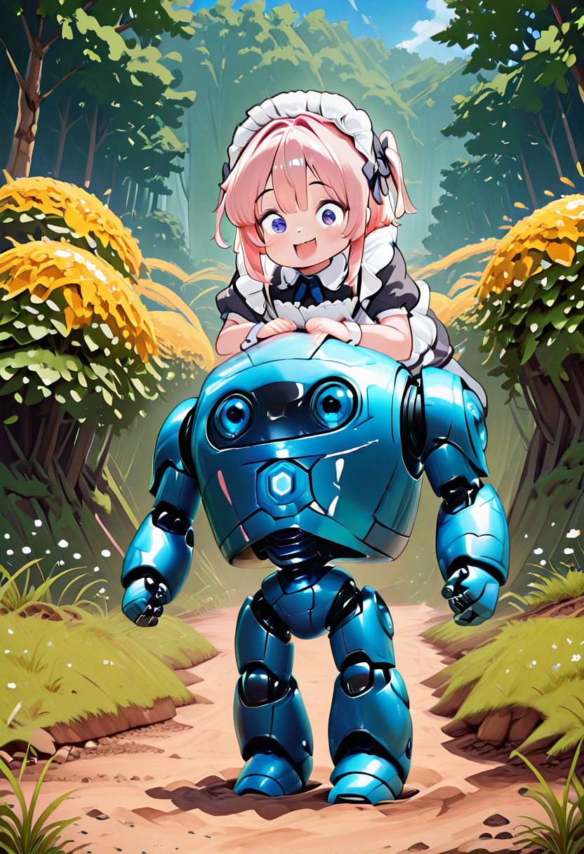 masterpiece, best quality, amazing quality,    CivBot focus, (side-by-side:1.3),    (CivChan, pink hair, purple eyes, maid uniform,  , 1girl,smile,open mouth,shirt,black hair,1boy,white shirt,ponytail,flower,short sleeves,outdoors,lying,teeth,day,blurry,looking at another,blurry background,glowing,grass,aged down,on stomach,robot,white flower:0.7),  <lora:CivChanIllustrious:0.6>,  <lora:CivBotIXL_v1:1.3>,