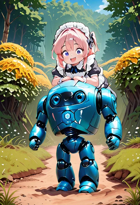 masterpiece, best quality, amazing quality,    CivBot focus, (side-by-side:1.3),    (CivChan, pink hair, purple eyes, maid uniform,  , 1girl,smile,open mouth,shirt,black hair,1boy,white shirt,ponytail,flower,short sleeves,outdoors,lying,teeth,day,blurry,looking at another,blurry background,glowing,grass,aged down,on stomach,robot,white flower:0.7),  <lora:CivChanIllustrious:0.6>,  <lora:CivBotIXL_v1:1.3>,