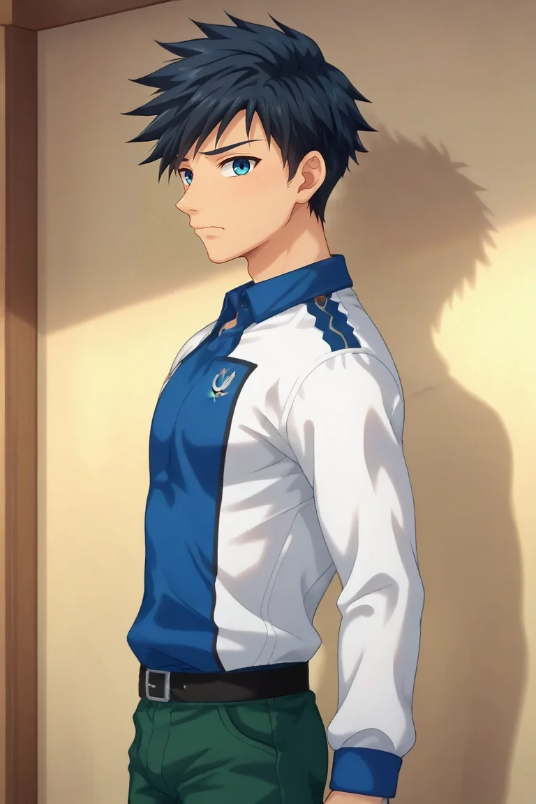 score_9, score_8_up, score_7_up, , rating_safe, , anime screencap, anime coloring, official style, looking at viewer, , 1boy, solo, male focus, <lora:natsumi_hamasaki_pony:1>, natsumi_hamasaki, black hair, blue eyes, short hair, , profile, armory, noon, legs together, wavy mouth, closed mouth, , <lora:sdxl_lightning_8step_lora:1>