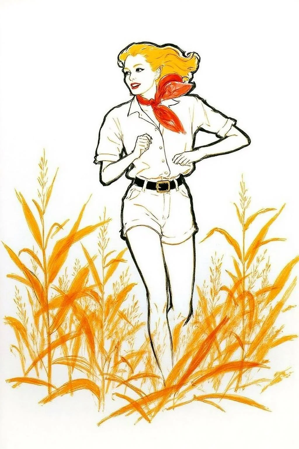 regr1 sketch of A blonde cowgirl in white short shorts running in a corn field, background is stark white <lora:regr2_fashion_nocap_d6a3:1.0><lora:807700653637040364:0>