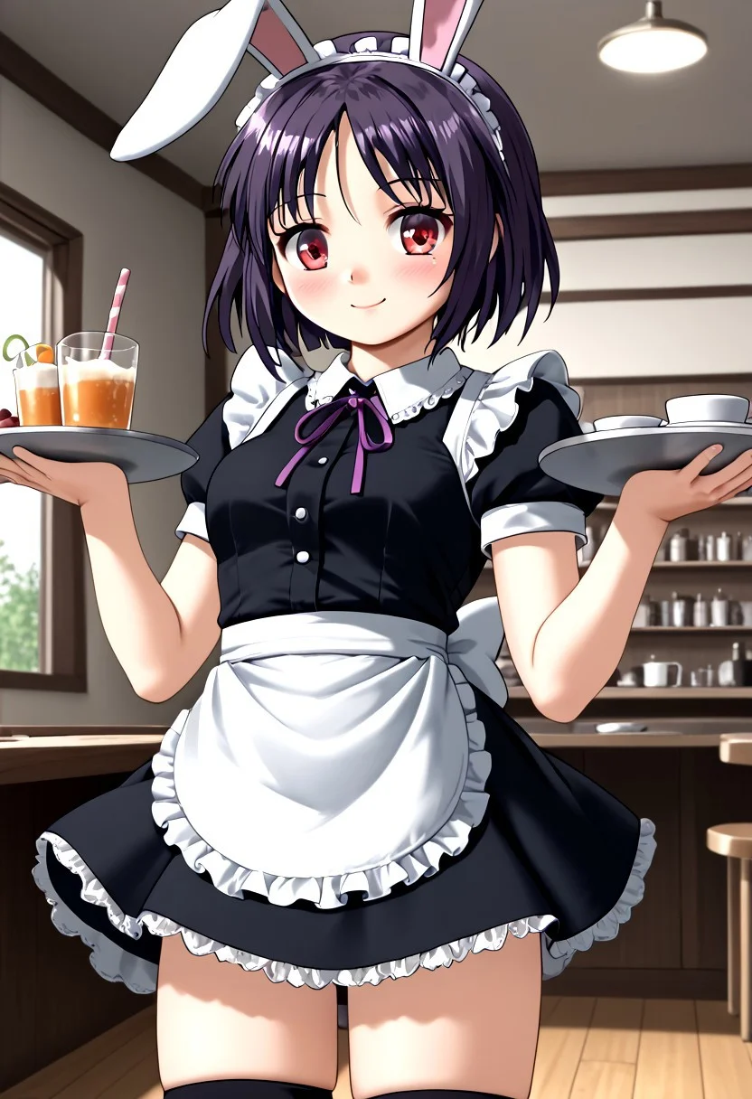 score_4,score_5,score_6,score_7_up,score_8_up,score_9 ((masterpiece,best quality,ultra detailed,highres,HD,4k:1.2)),
1 girl,solo,face focus,
dark purple hair, black purple hair,red eyes, Drooping rabbit ears, drooping animal ears, parted bangs,rabbit ears, rabbit tail, maid, maid outfit, maid apron, frills, black knee socks,zettai ryouiki,
indoors,cafe,
Holding a tray,
happy,smile,blush,looking at viewer,