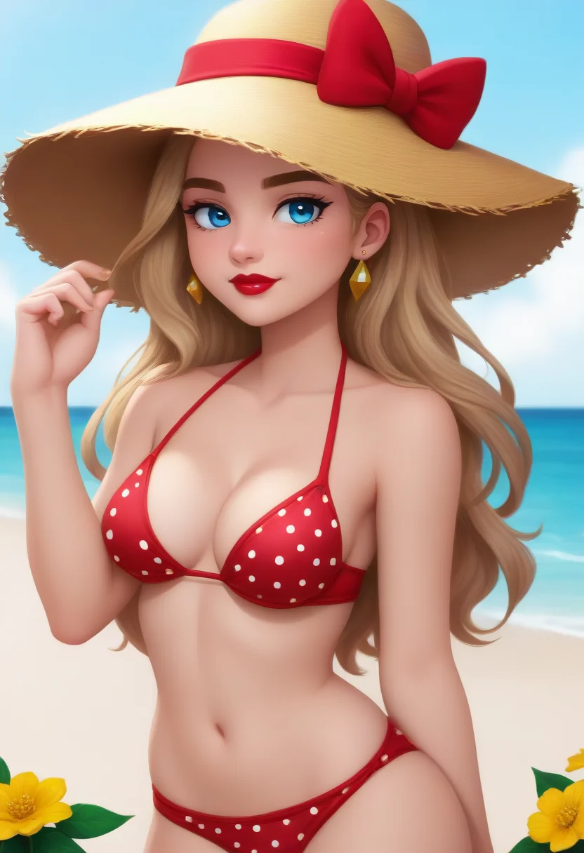score_9, score_8_up, score_7_up, score_6_up, CGAS, <lora:CGAS:0.8>, masterpiece, best quality, detailed eyes, detailed face, perfect eyes, high detailed, absurdres, highres, BREAK 1girl, solo, young, sweet, beautiful, thin, medium breasts, blue eyes, red lips, light brown eyebrows, blonde long loose hair, yellow straw hat with a red bow on the ribbon, white round earrings, red bikini with white polka dot, yellow flower between the breasts, cleavage, navel, BREAK the right hand is at the waist, the left hand is raised up, the left hand is holding the hair, standing, cowboy shot, semi-sideways, half-sideways, looking at viewer, BREAK beach, blue sky, emerald water, bright colors on the background, sand, light clouds
Hide