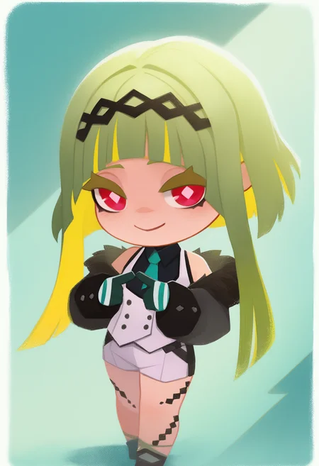 onmyojistyle, chibi, masterpiece, best quality, <break> white border, solo, 1girl, ringosh2, slight smile, looking at viewer, standing, index fingers together, short hair with long locks, red eyes, diamond-shaped pupils, raised eyebrows, green hair, colored inner hair, colored eyelashes, hairband,, collared shirt, white vest, white shorts, necktie, black shirt, cropped jacket, fur trim, off shoulder, body markings, gloves, green background
 <segment:yolo-Anzhc Face seg 640 v2 y8n.pt,0.4,0.5//cid=1>