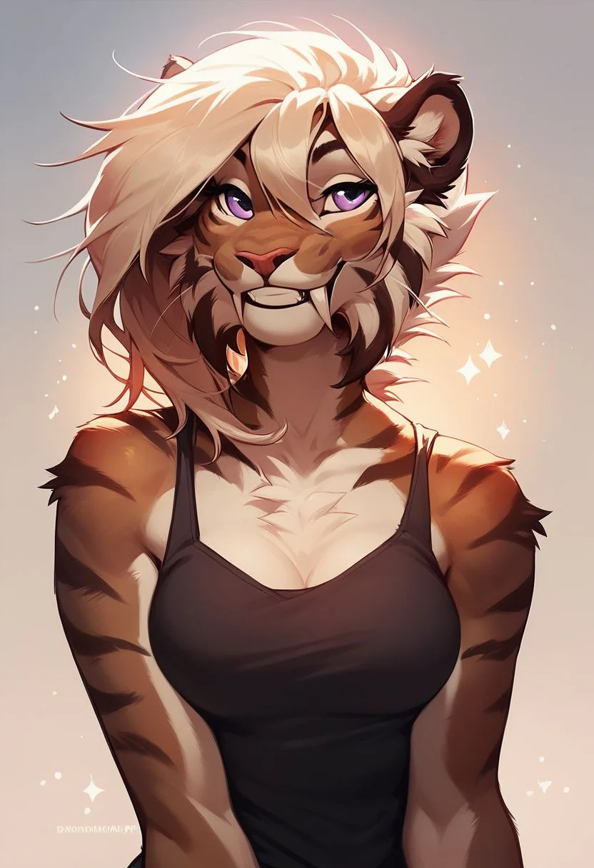 score_9, score_8_up, score_8, 1girl, anthro sabertooth tiger, Medium breasts, smooth, smiling, black tank top, highly detailed, perfect, high quality, posing, portrait