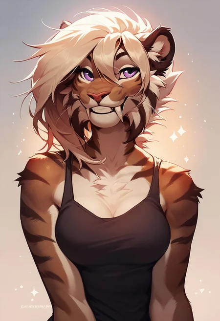 score_9, score_8_up, score_8, 1girl, anthro sabertooth tiger, Medium breasts, smooth, smiling, black tank top, highly detailed, perfect, high quality, posing, portrait