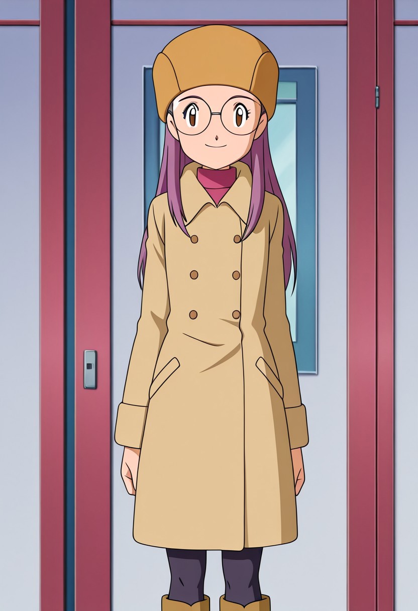 anime screencap, anime art style, digimon adventure 02, yolei inoue, winter clothes, 3outfit, 1girl, solo, glasses, boots, brown eyes, pantyhose, smile, coat, purple hair, long hair, upper body, hat, 1 Character