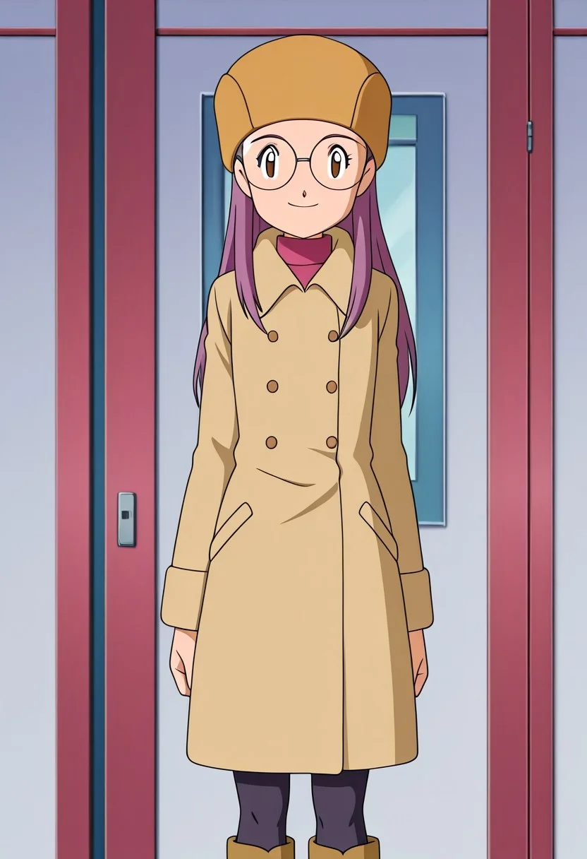 anime screencap, anime art style, digimon adventure 02, yolei inoue, winter clothes, 3outfit, 1girl, solo, glasses, boots, brown eyes, pantyhose, smile, coat, purple hair, long hair, upper body, hat, 1 Character