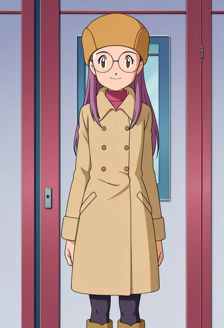 anime screencap, anime art style, digimon adventure 02, yolei inoue, winter clothes, 3outfit, 1girl, solo, glasses, boots, brown eyes, pantyhose, smile, coat, purple hair, long hair, upper body, hat, 1 Character