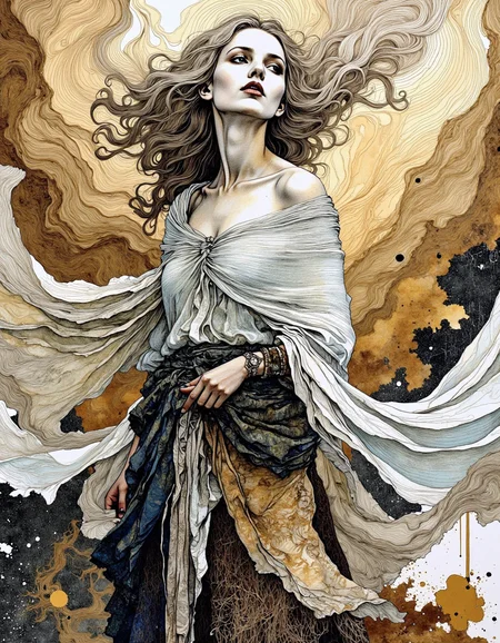 This is a digital artwork created in a mixed media style, blending elements of watercolor and ink. The image features a female figure with flowing, ethereal hair and a serene, almost melancholic expression. She is depicted in a dynamic, almost windblown pose, with her head tilted back and eyes closed. Her hair and garments are rendered in a delicate, fluid manner, with intricate patterns and textures that suggest movement and motion.
The figure is draped in a flowing, translucent white garment that billows around her body, adding to the sense of motion and fluidity. Below this, she wears a darker, more textured garment that appears to be made of fabric or possibly leather, with a rich, earthy brown hue that contrasts with the lighter tones above. The texture of this lower garment is rough and rugged, suggesting a more grounded, earthy quality.
The background is a swirling, abstract mix of golden and brown hues, with splashes of black ink that add depth and contrast. The overall composition is rich in texture and movement, creating a sense of dynamic energy and emotional depth. <lora:Illustration_Style_IV-3:1>