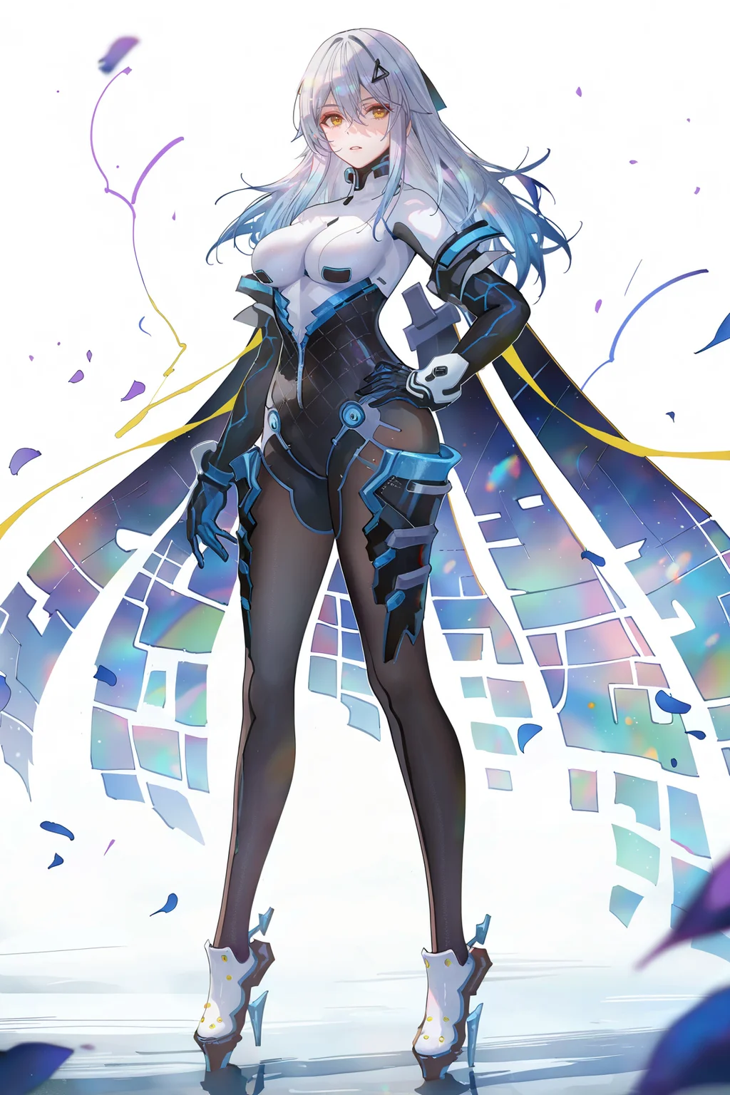 8k, best quality, masterpiece, (ultra-detailed), (high detailed skin), 
((artist:reoen),(artist:fuzichoco),(artist:atdan),(artist:torino_aqua),year 2024:0.8)1girl, [artist:wlop], [artist:ningen_mame], artist:ciloranko, [[artist:rhasta]], artist:tidsean, colorful, detailed light, light leaks, sunlight, bokeh, blurry foreground, ray tracing, lens flare, cinematic lighting, 
full body, full shot, standing, looking at viewer, (solo:1.2), simple background, (white background:1.2), hand on own hip, (white background:1.1), 
<lora:wuxianlf-noob-Tanger-000012:0.8>, 
bodysuit, lifu, wuxian, first clothes, 1girl, breasts, long hair, yellow eyes, gloves,
A full-body portrait of a young girl, standing gracefully, pastel art style, high-key lighting, shoujo manga influence, hd quality, delicate details,