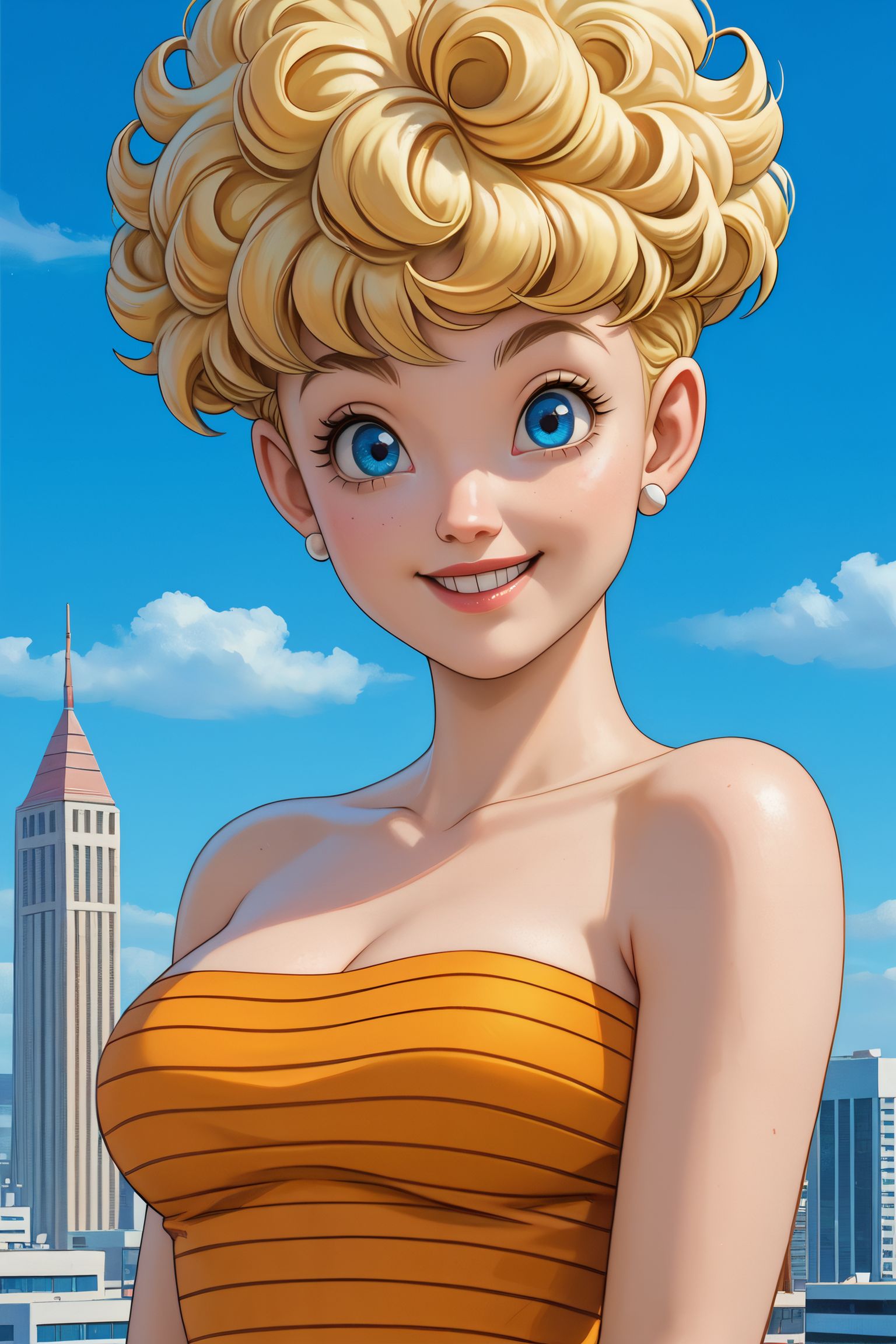 zPDXL3,  <lora:panchy_pony_v1:.5>,
panchy, blonde hair, short hair, curly hair, blue eyes, medium breasts,orange tube top, striped shirt, cleavage, strapless, looking at viewer, smiling, close up, outside, cityscape, blue sky,
