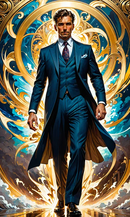 A fantastic painting of a man in a suit, by Greg Rutkowski and Alphonse Mucha. Trending on Artstation, 8k HD wallpaperj GTA 5 cover, official media, beautiful, very beautiful, detailed, high quality, wallpaper 4K, epic, trending on artstation and behance, dynamic lightning, intricate details, energetic composition, golden ratio, concept <hypernet:BadHands:1> <lora:Fast:0.69>