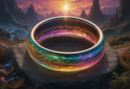 masterpiece, reality, 4k, (medium full shot) of the ring from the movie "the lord of the rings", psychedelic, prismatic