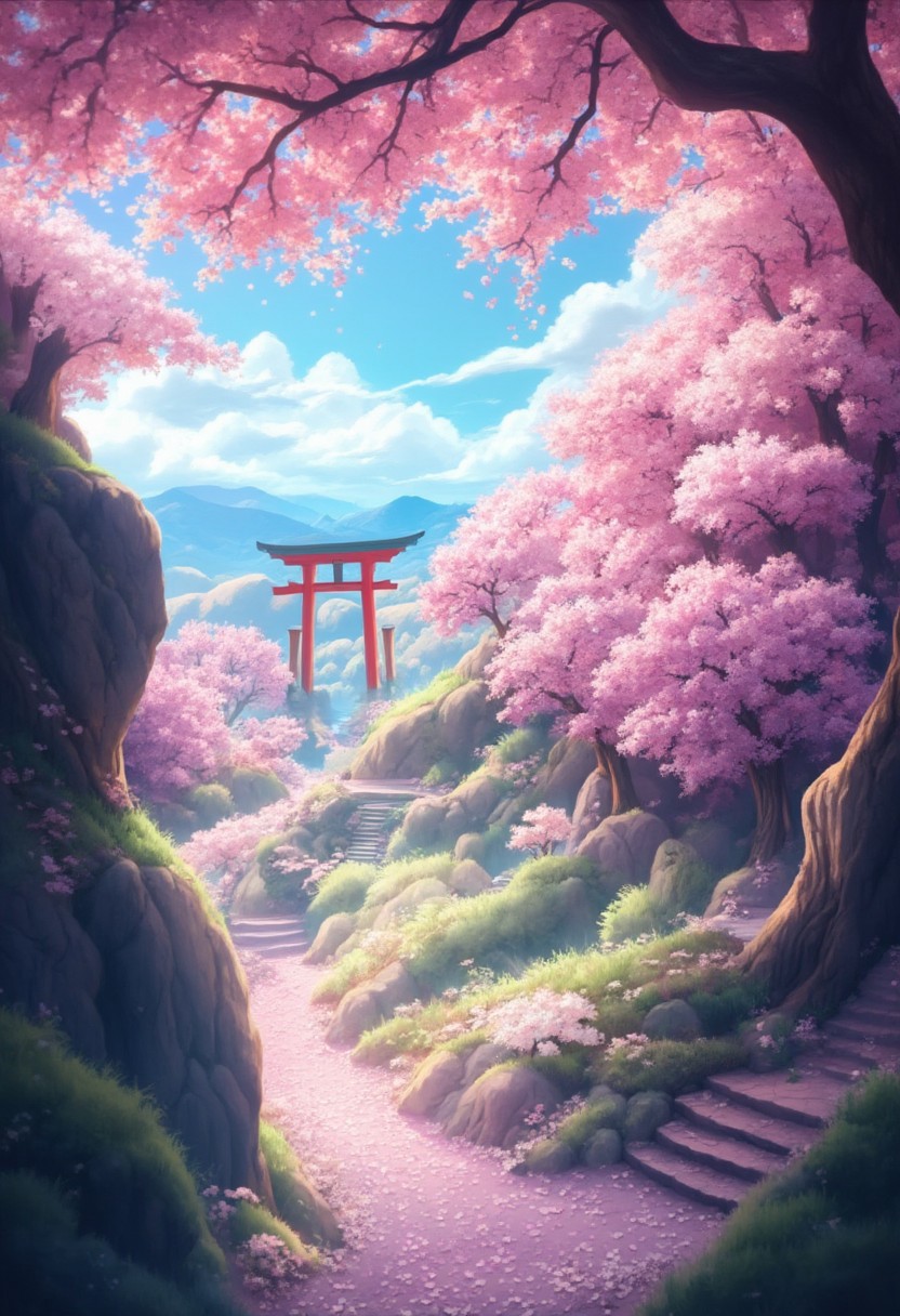 ( Calm spring morning landscape), beautiful view, An old weeping cherry tree, Sakura Fubuki, A carpet of cherry blossom petals, early morning, sunrise sky, beautiful clouds, dappled sunlight, 
The old shrine and red torii gates create a special atmosphere. 
A wonderful waka-like landscape, 
I can see the mountains in the distance, 
depth of field, masterpiece, best quality, ultra-detailed, very aesthetic, illustration, perfect composition, intricate details, absurdres, moody lighting, wisps of light, no humans,