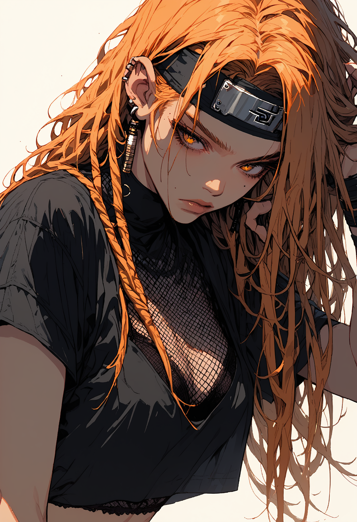 score_9, score_8_up, score_7_up,source_anime,1girl,solo,orange hair,long hair,dreadlocks,headband,ear,hair behind ear,hazel eyes,perfecteyes,mole under eye,eyebrows,fishnet tshirt,bra,black tshirt,midriff,sinozick,flat colors